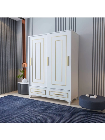 Asu 2 Kapaklı Sürgülü Lüx Tasarımlı 2 Çekmeceli Gardırop Dolap-Beyaz