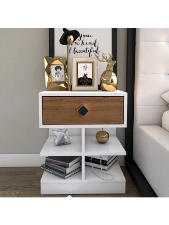 Asya Tek Çekmeceli Raflı Komidin-Beyaz Meşe