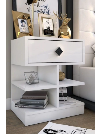 Asya Tek Çekmeceli Raflı Lüx Komidin-Beyaz