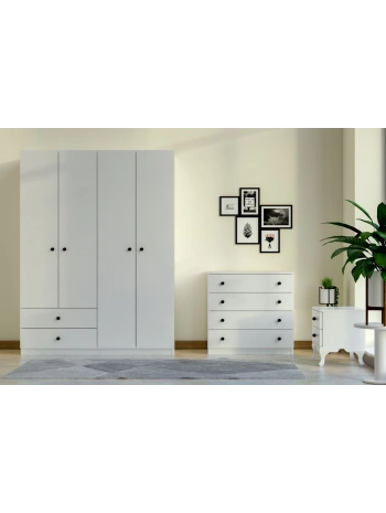 Buse 4 Kapaklı 2 Çekmeceli Gardırop Şifonyer Komidin Takımı-Beyaz