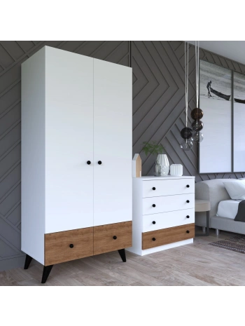 Cansu 2 Kapaklı Çekmeceli Gardırop Şifonyer Takımı-Beyaz Meşe