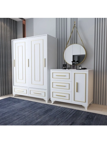 Ceren 2 Kapaklı Çekmeceli Gardırop Şifonyer Takımı-Beyaz