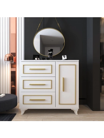 Demet 3 Çekmeceli Kapaklı Lüx Şifonyer-Beyaz Gold