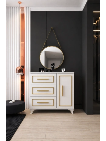 Demet 3 Çekmeceli Kapaklı Lüx Şifonyer-Beyaz Gold