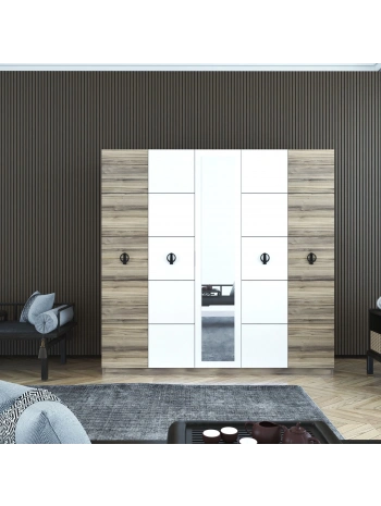 Dilan 5 Kapaklı Askılıklı Raflı Bölmeli Aynalı Country Gardıro-Beyaz