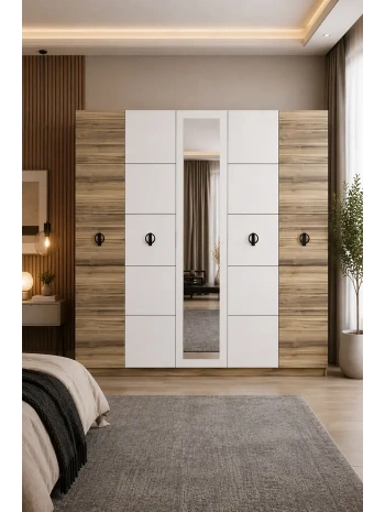 Dilan 5 Kapaklı Askılıklı Raflı Bölmeli Aynalı Country Gardıro-Beyaz