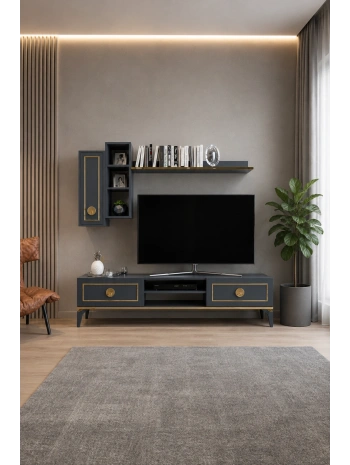Mahur Modern Kitaplıklı Raflı Sehpa Tv Ünitesi- Antrasit