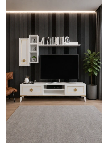 Mahur Modern Kitaplıklı Raflı Sehpa Tv Ünitesi-Beyaz