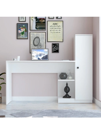 Melis Kitaplıklı Raflı Çok Amaçlı Çalışma Masası-Beyaz