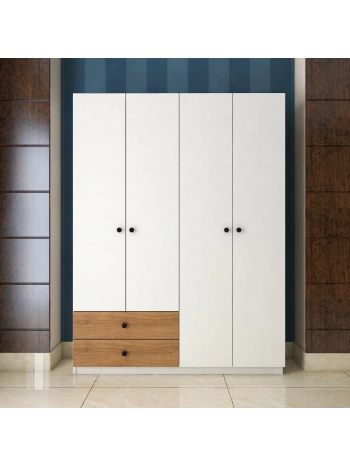 Nova 4 Kapaklı 2 Çekmeceli Askılıklı Gardırop-Beyaz Meşe