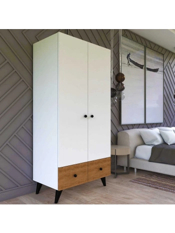 Öykü 2 Kapaklı 2 Çekmeceli Askılıklı Raflı Gardırop-Beyaz Meşe