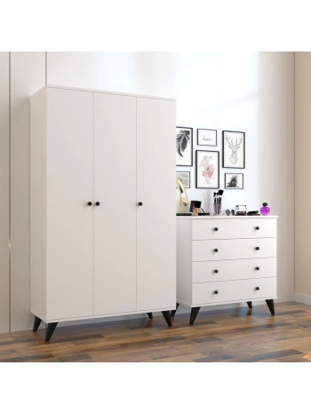 Özge 3 Kapaklı Çekmeceli Gardırop Şifonyer Takımı-Beyaz