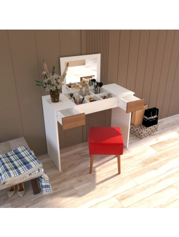 Pınar Aynalı Puflu Çekmeceli Lüx Makyaj Masası-Beyaz Meşe