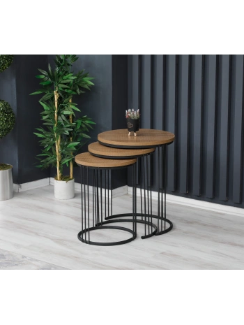 Sanem 3lü Metal - Ahşap Zigon Sehpa-meşe