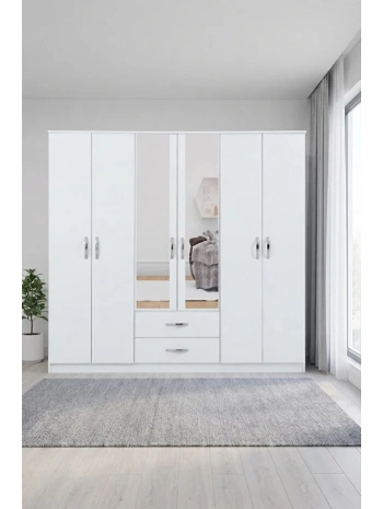 Sezar 6 Kapaklı Aynalı Gardırop-Beyaz