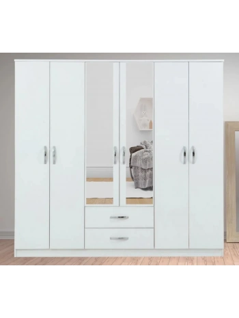 Sezar 6 Kapaklı Aynalı Gardırop-Beyaz