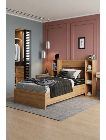 Smart Meşe Lüx Kitaplıklı Tek Kişilik Karyola-Meşe