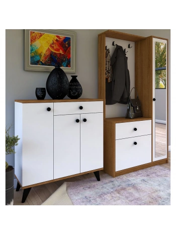 Sude Lüx Vestiyer Portmanto Askılıklı Ayakkabılık Takımı-Beyaz Meşe