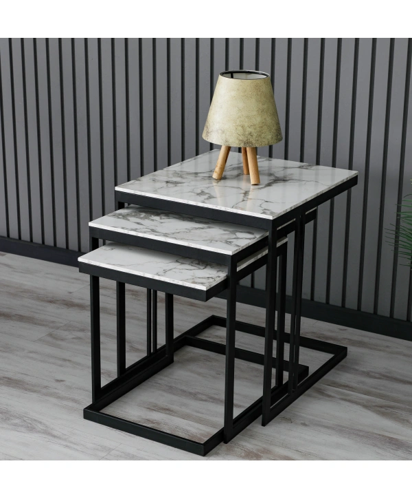 Rana Üçlü Zigon Sehpa -Beyaz Mermer Desenlidir