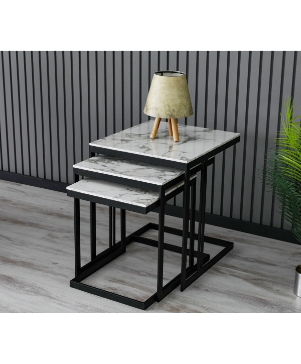 Rana Üçlü Zigon Sehpa -Beyaz Mermer Desenlidir