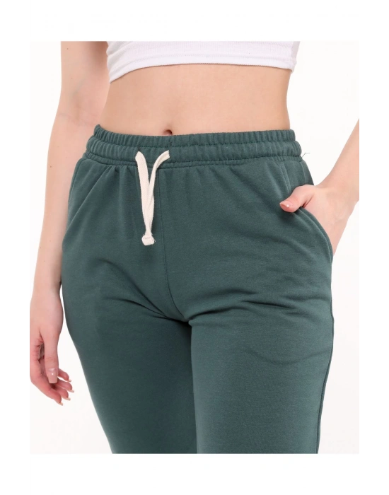 Kadın Yeşil 3 Iplik Cepli Paçası Lastikli Eşofman Altı