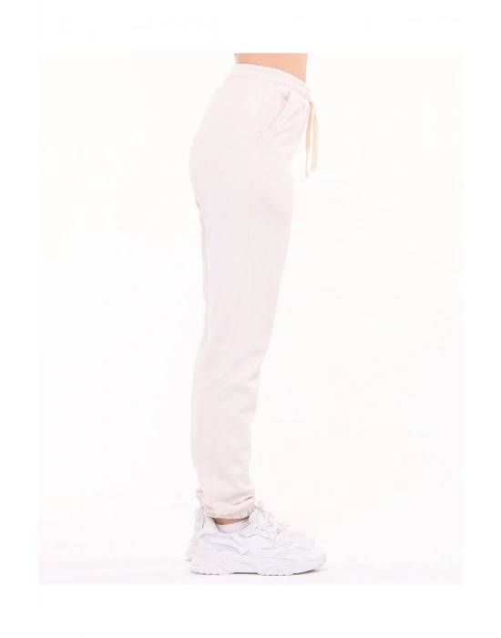 Kadın Bej 3 İplik Cepli Paçası Lastikli Eşofman Altı