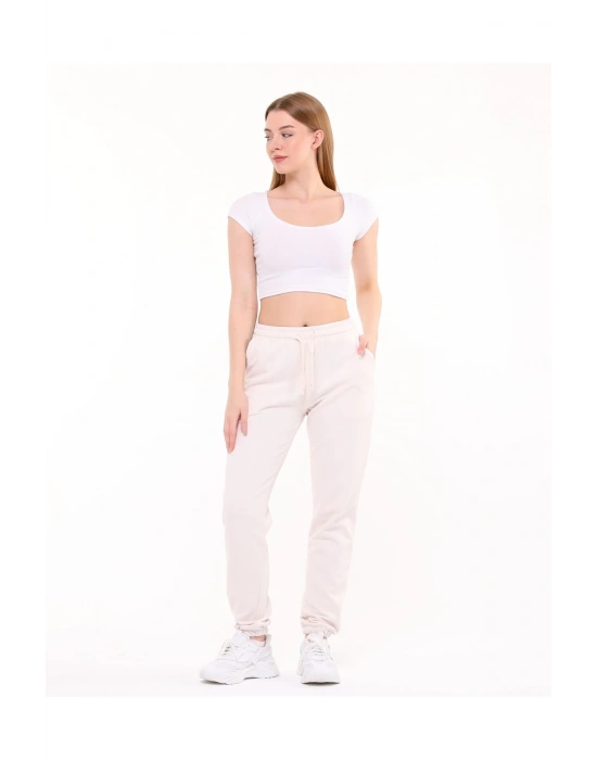 Kadın Bej 3 İplik Cepli Paçası Lastikli Eşofman Altı