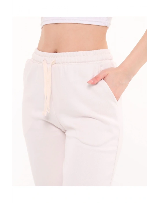 Kadın Bej 3 İplik Cepli Paçası Lastikli Eşofman Altı