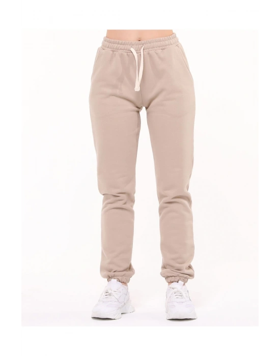 Kadın Taş Rengi 2 İplik Cepli Paçası Lastikli Eşofman Altı