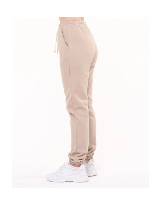 Kadın Taş Rengi 2 İplik Cepli Paçası Lastikli Eşofman Altı