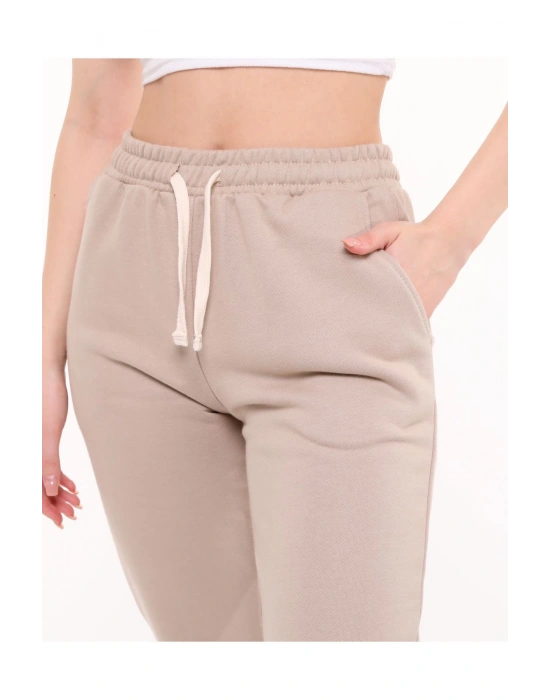 Kadın Taş Rengi 2 İplik Cepli Paçası Lastikli Eşofman Altı