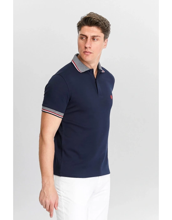 Erkek Lacivert %100 Pamuk Serin Tutan Fit Polo Yaka T-shirt