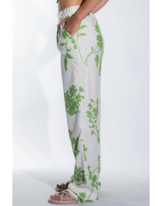 Kadın Yeşil Arka Beli Lastikli Yazlık Kadın Desenli Keten Pantolon