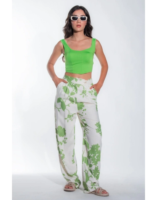 Kadın Yeşil Arka Beli Lastikli Yazlık Kadın Desenli Keten Pantolon