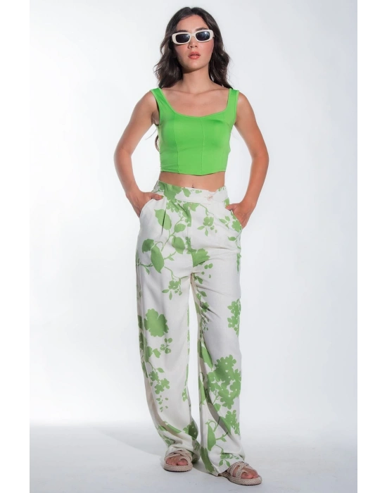 Kadın Yeşil Arka Beli Lastikli Yazlık Kadın Desenli Keten Pantolon