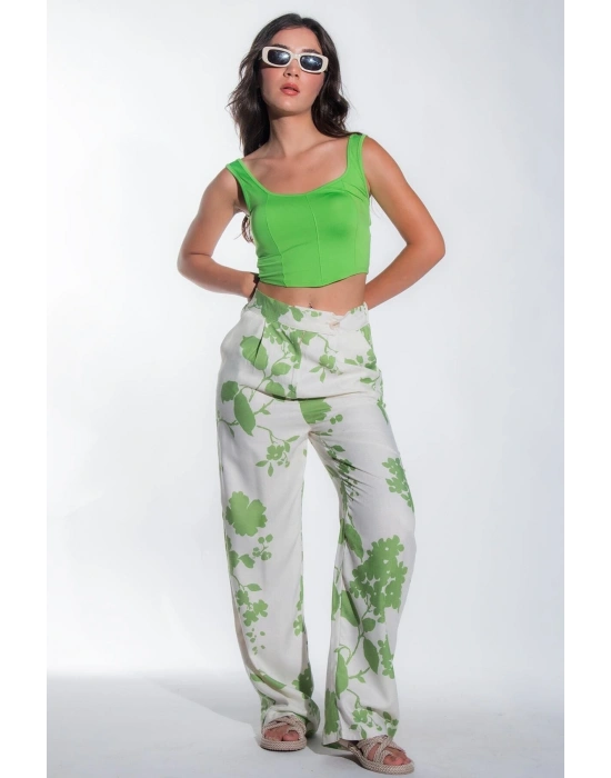Kadın Yeşil Arka Beli Lastikli Yazlık Kadın Desenli Keten Pantolon