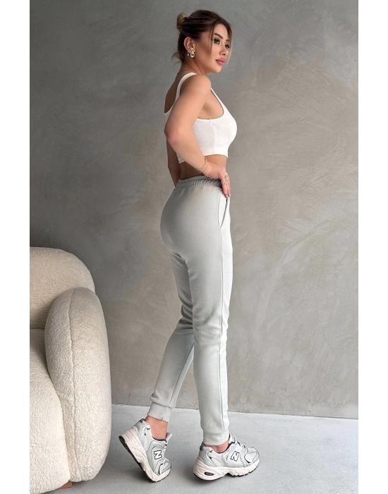 Kadın Paçası Lastikli Vücuda Oturan Gri Melanj Fit Jogger Eşofman Altı