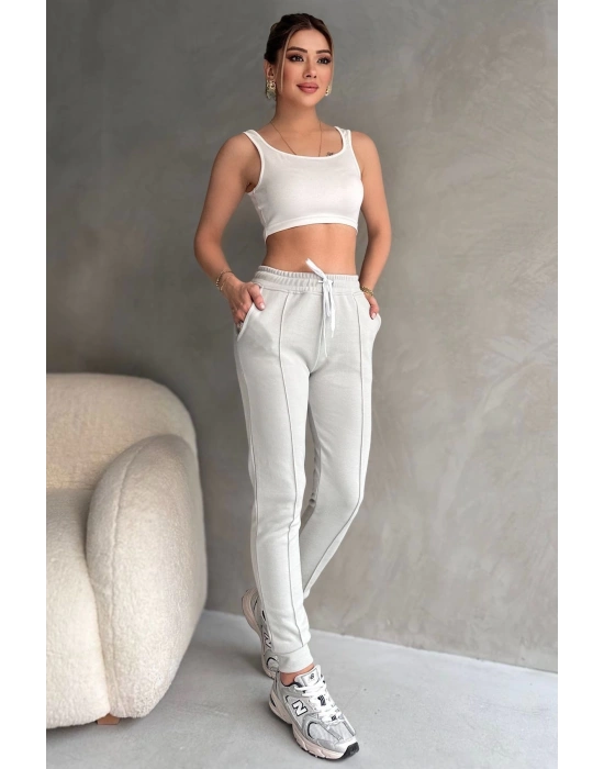 Kadın Paçası Lastikli Vücuda Oturan Gri Melanj Fit Jogger Eşofman Altı