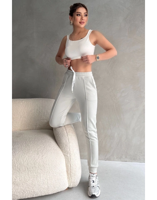 Kadın Paçası Lastikli Vücuda Oturan Gri Melanj Fit Jogger Eşofman Altı