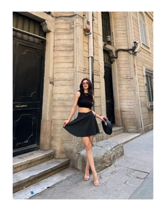 - Kadın Siyah Nokta Desenli Krinkıl Şortlu Etek