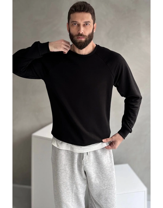 Erkek Siyah Reglan Kol 3 Iplik Sweatshirt