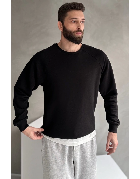 Erkek Siyah Reglan Kol 3 Iplik Sweatshirt
