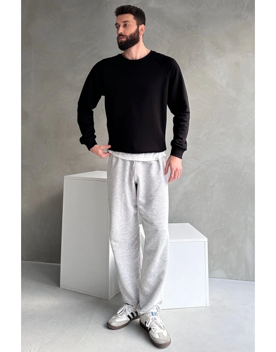 Erkek Siyah Reglan Kol 3 Iplik Sweatshirt