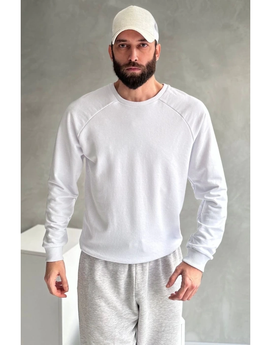 Erkek Beyaz Reglan Kol 3 Iplik Sweatshirt