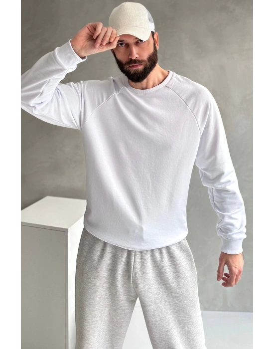 Erkek Beyaz Reglan Kol 3 Iplik Sweatshirt