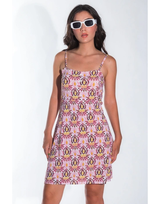 Yazlık Ayarlanabilir İp Askılı Yumuşak Örme Kumaş Pembe Mini Elbise