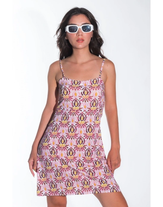 Yazlık Ayarlanabilir İp Askılı Yumuşak Örme Kumaş Pembe Mini Elbise