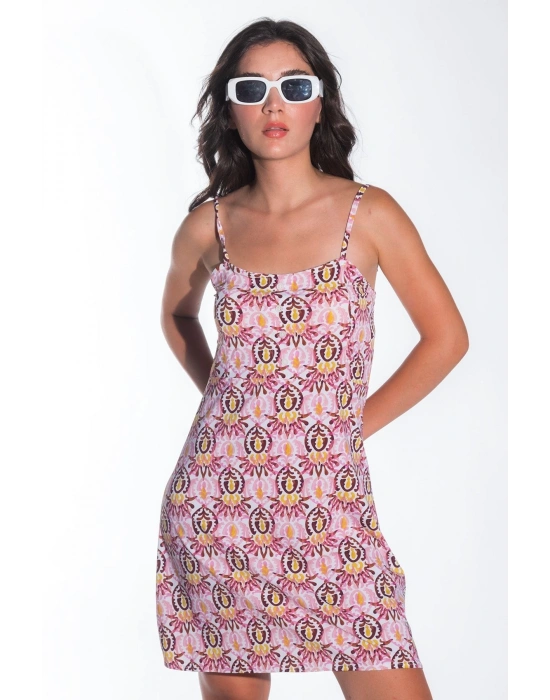 Yazlık Ayarlanabilir İp Askılı Yumuşak Örme Kumaş Pembe Mini Elbise