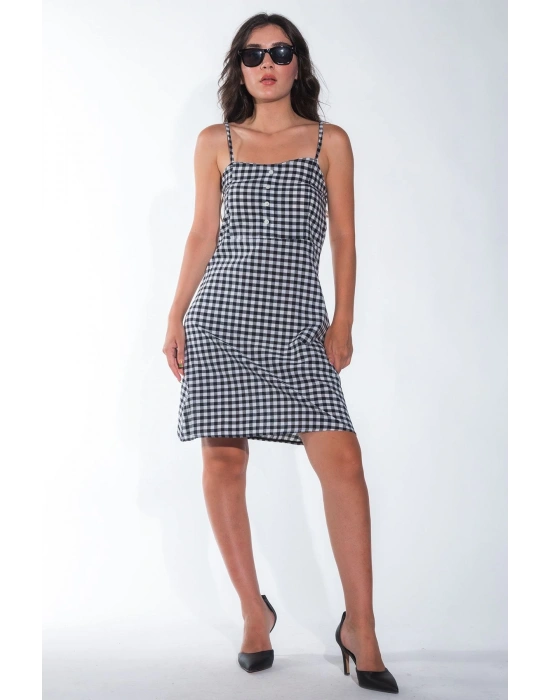 Yazlık Ayarlanabilir İp Askılı Yumuşak Dokuma Kumaş Siyah-Beyaz Mini Elbise