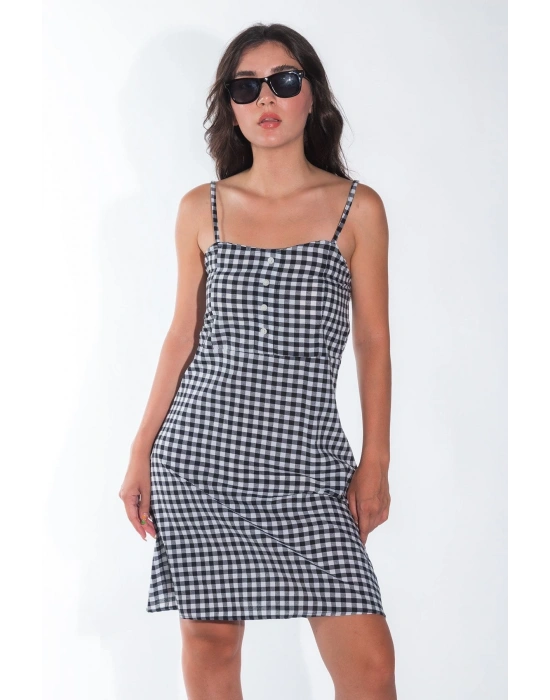 Yazlık Ayarlanabilir İp Askılı Yumuşak Dokuma Kumaş Siyah-Beyaz Mini Elbise